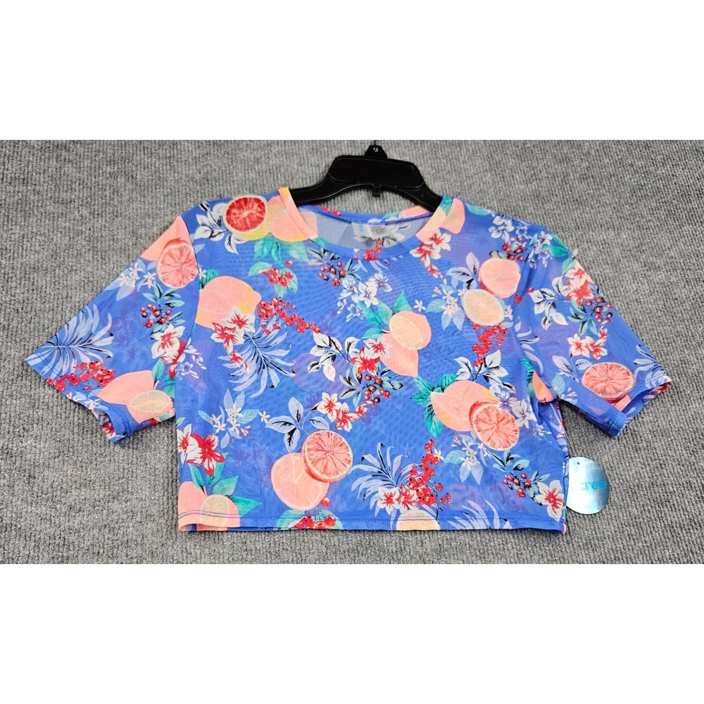 NWT Decree Womens Blue Floral Citrus Mesh Crop Top Short Sleeve Size L